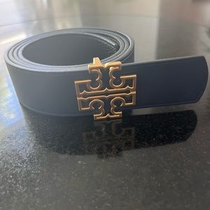 NEW 1 1/2" REVERSIBLE TORY BURCH LOGO BELT Black/Blue navy Gold buckle